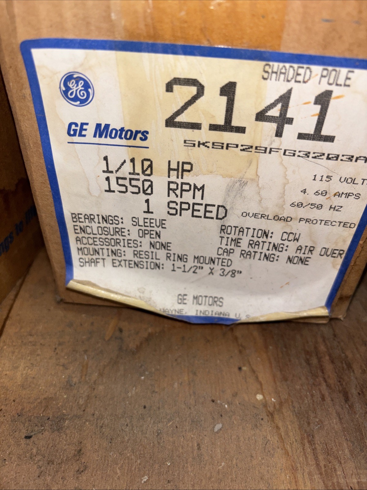 GE 2141 1/10 HP Shaded Pole Motor 115 Volts 1550 Rpm