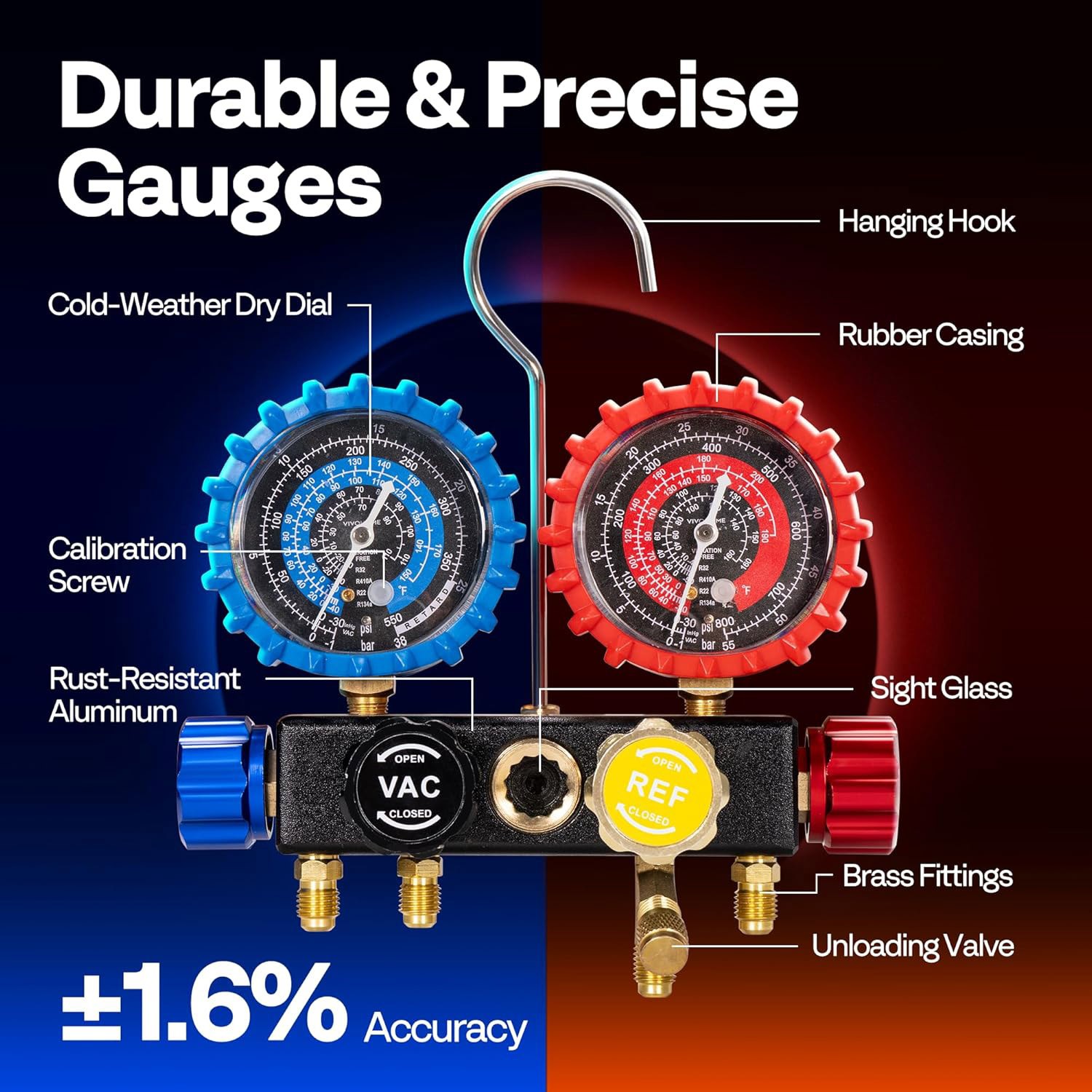 AC Manifold Gauge Set 4 Way For R134a R410a R22 R32 Refrigerat with 5ft Hoses