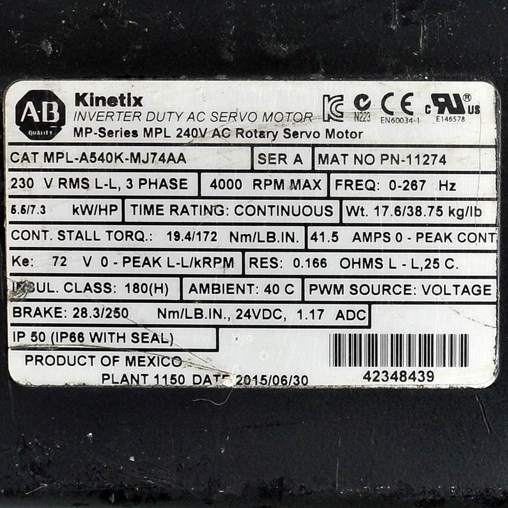 Allen-Bradley MPL-A540K-MJ74AA 5.5kW 7.3HP 4000RPM AC Servo Motor 230V 3phase