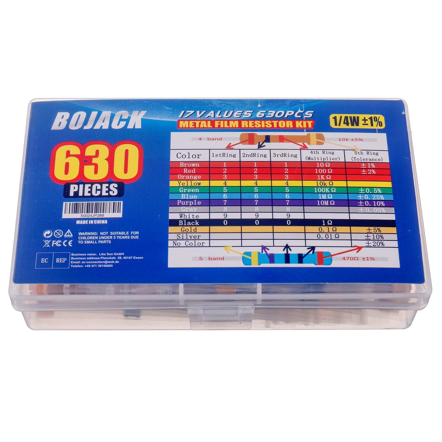 BOJACK 630 Pcs 17 Values Resistor Kit 0 Ohm-1M Ohm with 1% 1/4W Metal 1/4 W