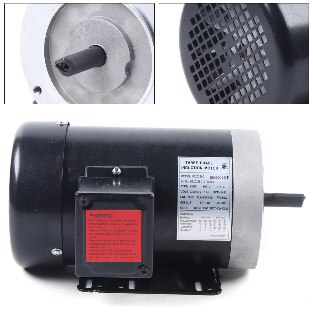 2HP 3 Phase Electric Motor 3450 RPM 56C Frame TEFC 208 230/460V Premium Efficien