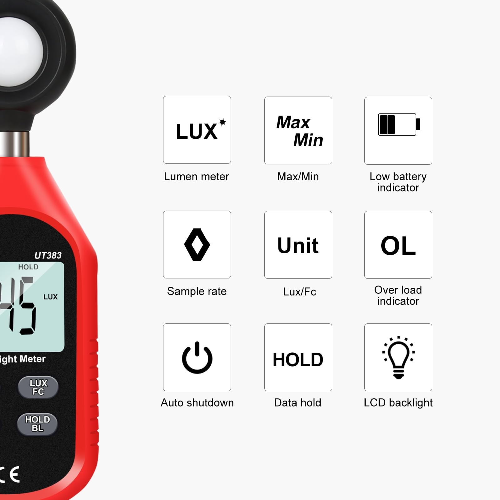 UT383 Digital Light Lux Meter Lumens Illuminance 0199900 Lux 018500 FC Test