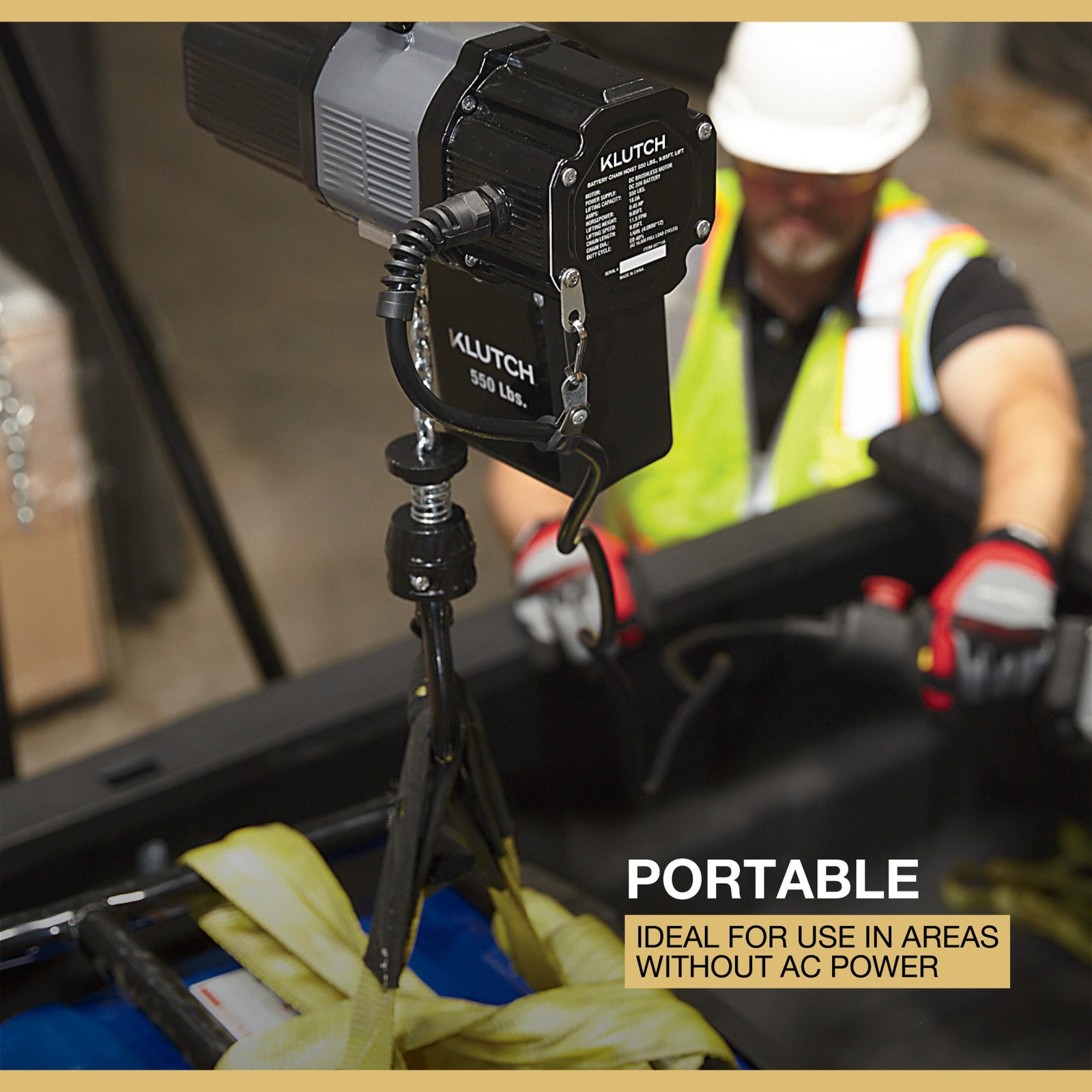 Klutch Chain Hoist Kit, KLiQ 20V, Battery-Powered, 500-Lb. Capacity, 9.85ft.