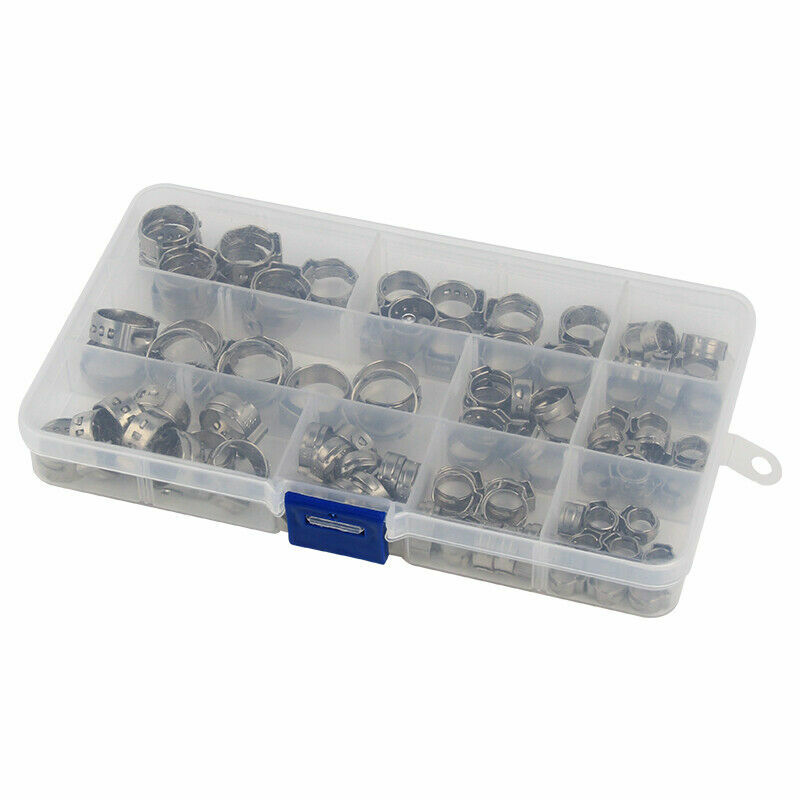 100PCS Assortment Hose Clamps Kit Stainless Steel Ear Cinch Ring Crimp Pinch Set