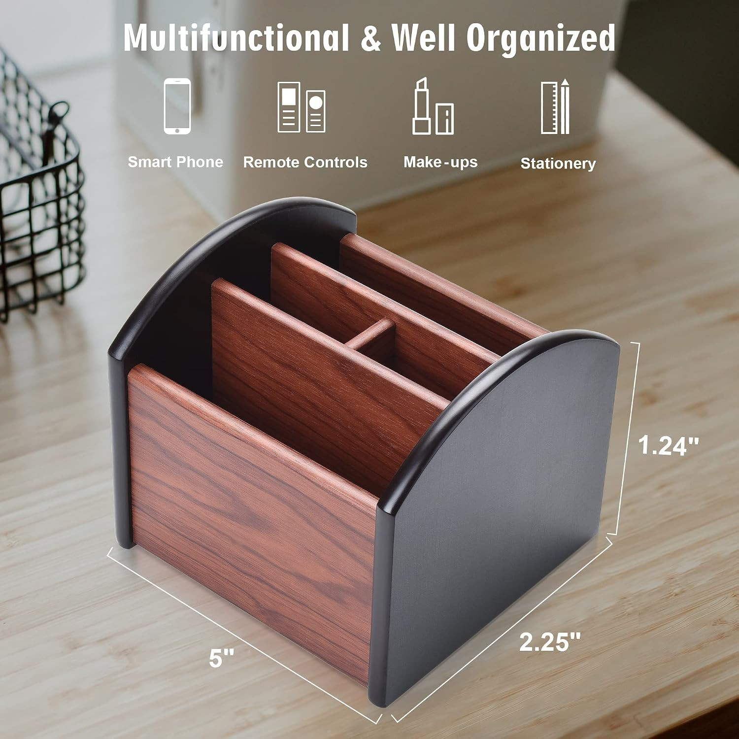 Wooden Desk Organizer, 4 Compartment Revolving Wood Desktop Organizer Office Sup