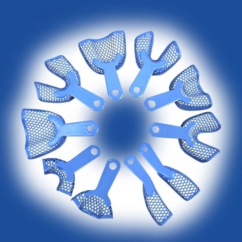 2pc Dental Plastic-Steel Impression Trays Mesh Shape Precise Blue L/M/S/Ant/Side