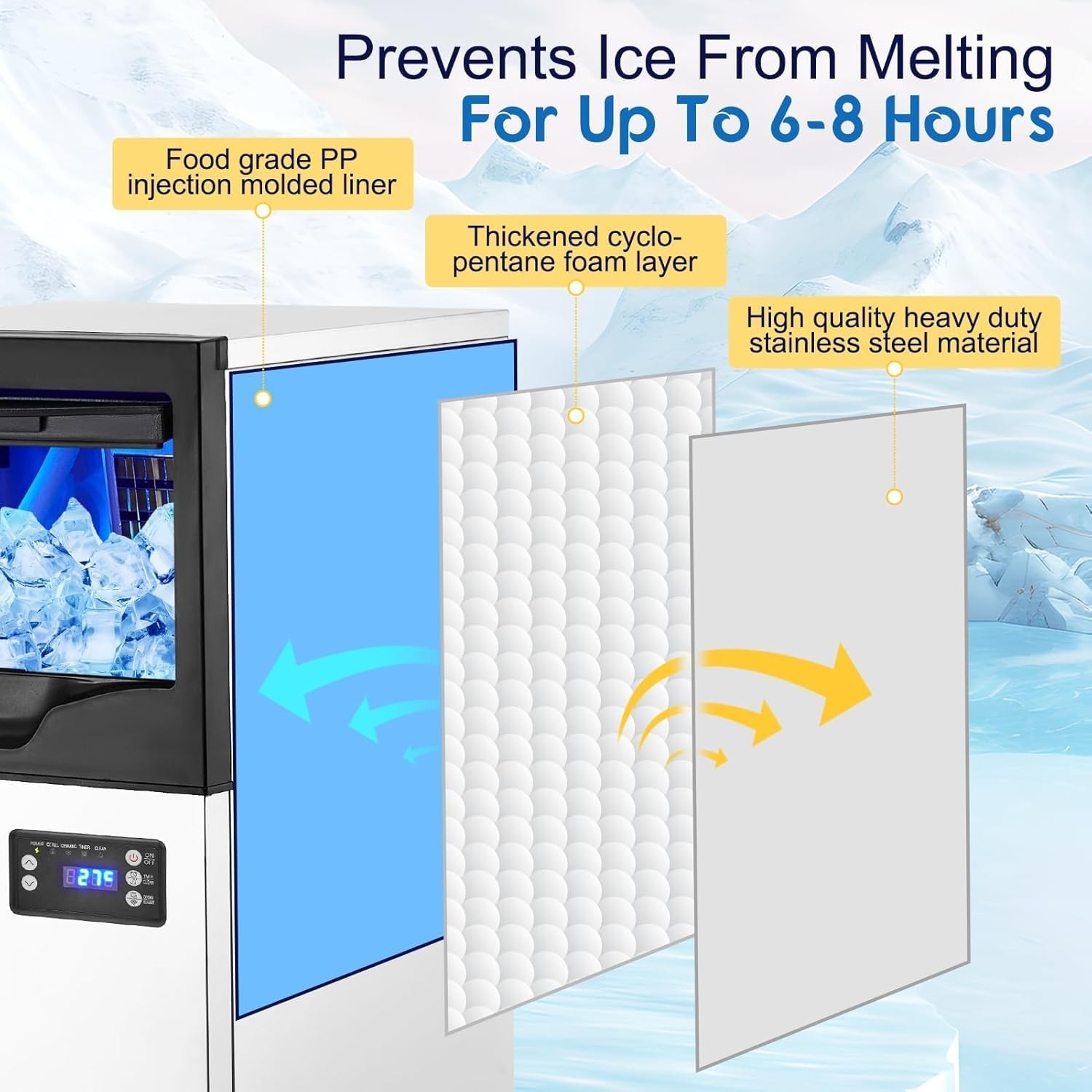 100LBS 24H Commercial Ice Maker Stainless Steel Ice Machine with 33LBS Bin