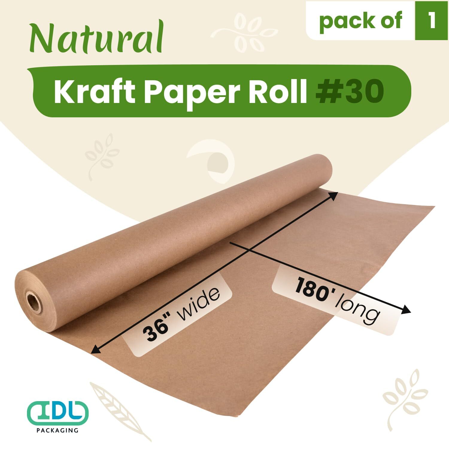 IDL Packaging 36″ x 180 feet (2160 inches) Brown Kraft Paper Roll, 30 lbs (Pa…