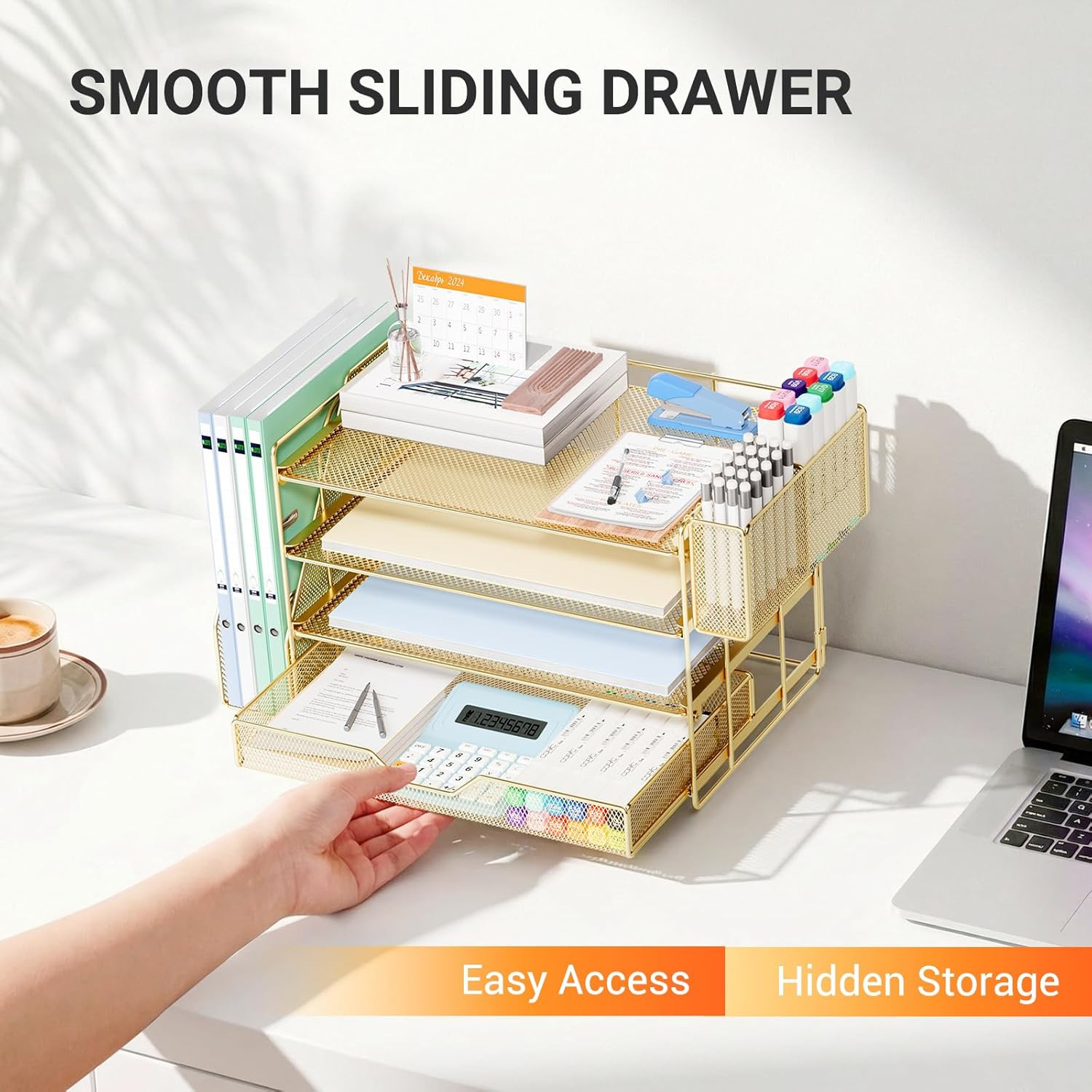 Desk Organizers and Accessories, 4-Tier Desktop File Organizer with Drawer and P