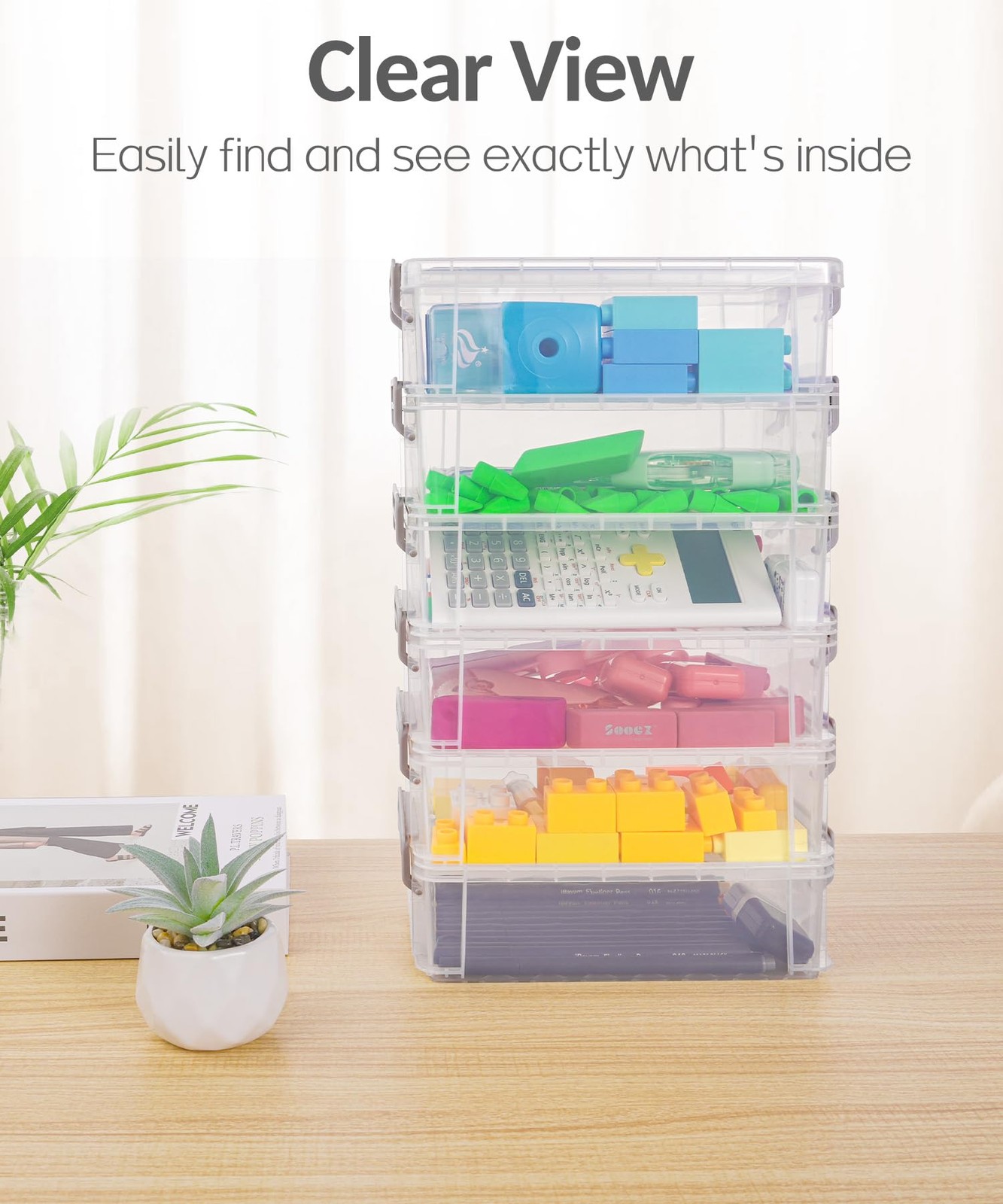 6 Pack Small Plastic Containers with Lids, 6.4″ x 4.4″ x 2.7″, Clear Crayon B…