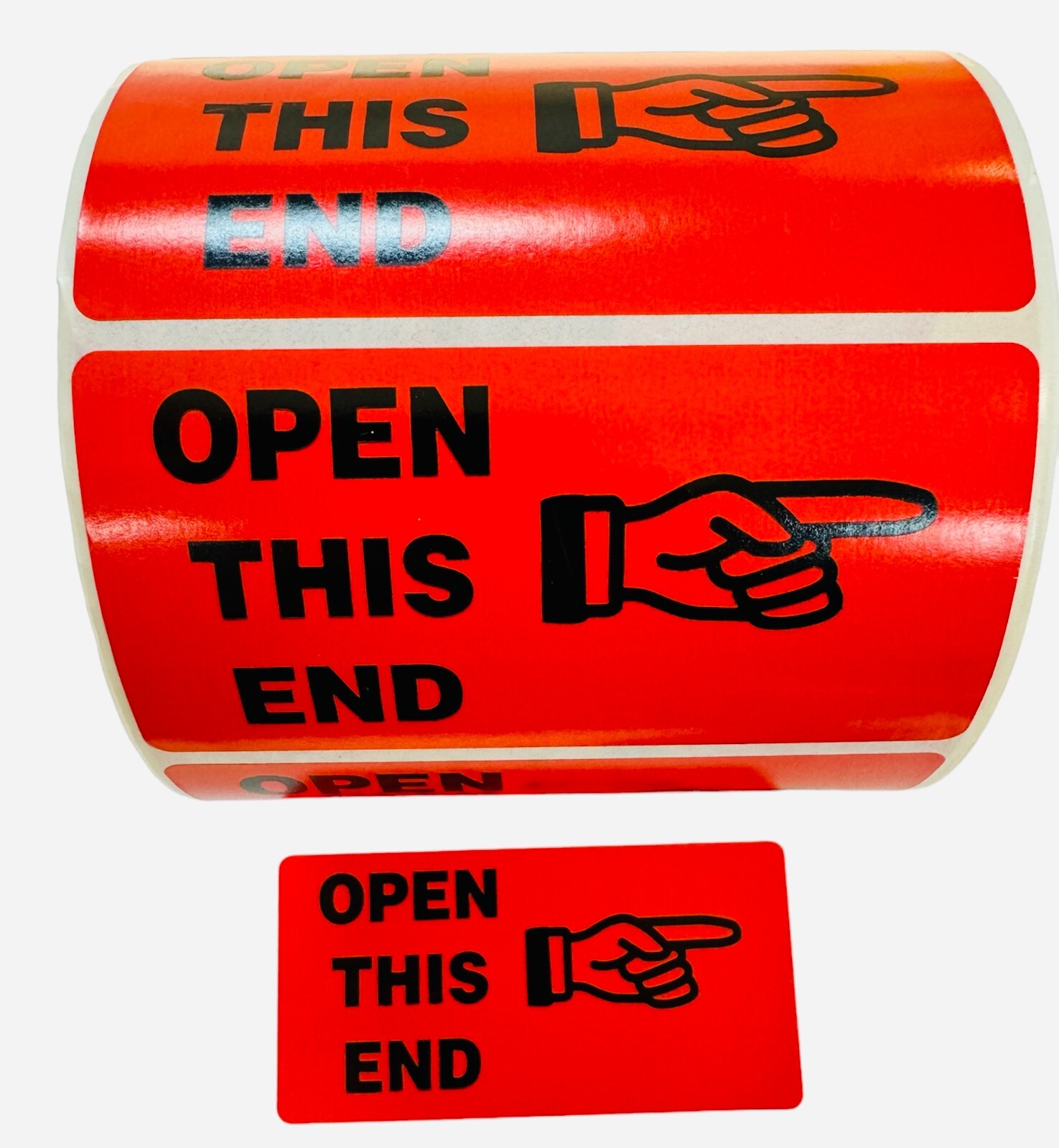Open This End Stickers | 4″x2″ Warning Shipping Label Finger Point | 500 Labels