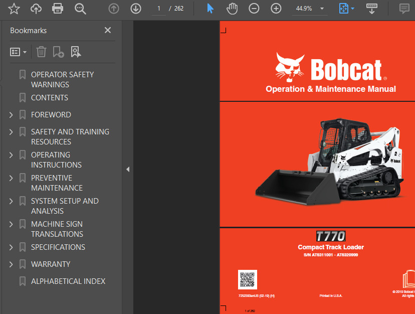BOBCAT T770 COMPACT TRACK LOADER OPERATORS SERVICE REPAIR SHOP MANUAL PDF USB
