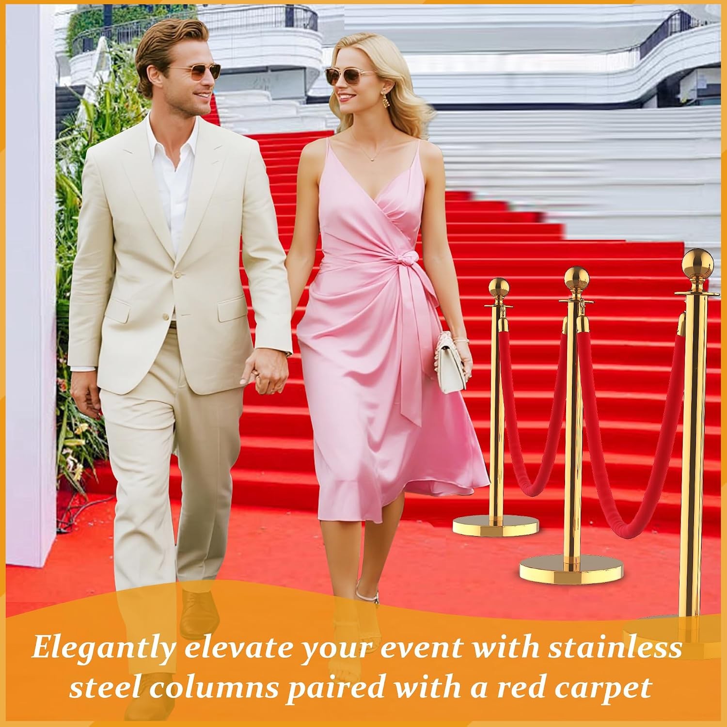 12-Piece Gold Stanchion Set with 26FT Red Carpet & 10 Velvet Ropes, Hollow Base