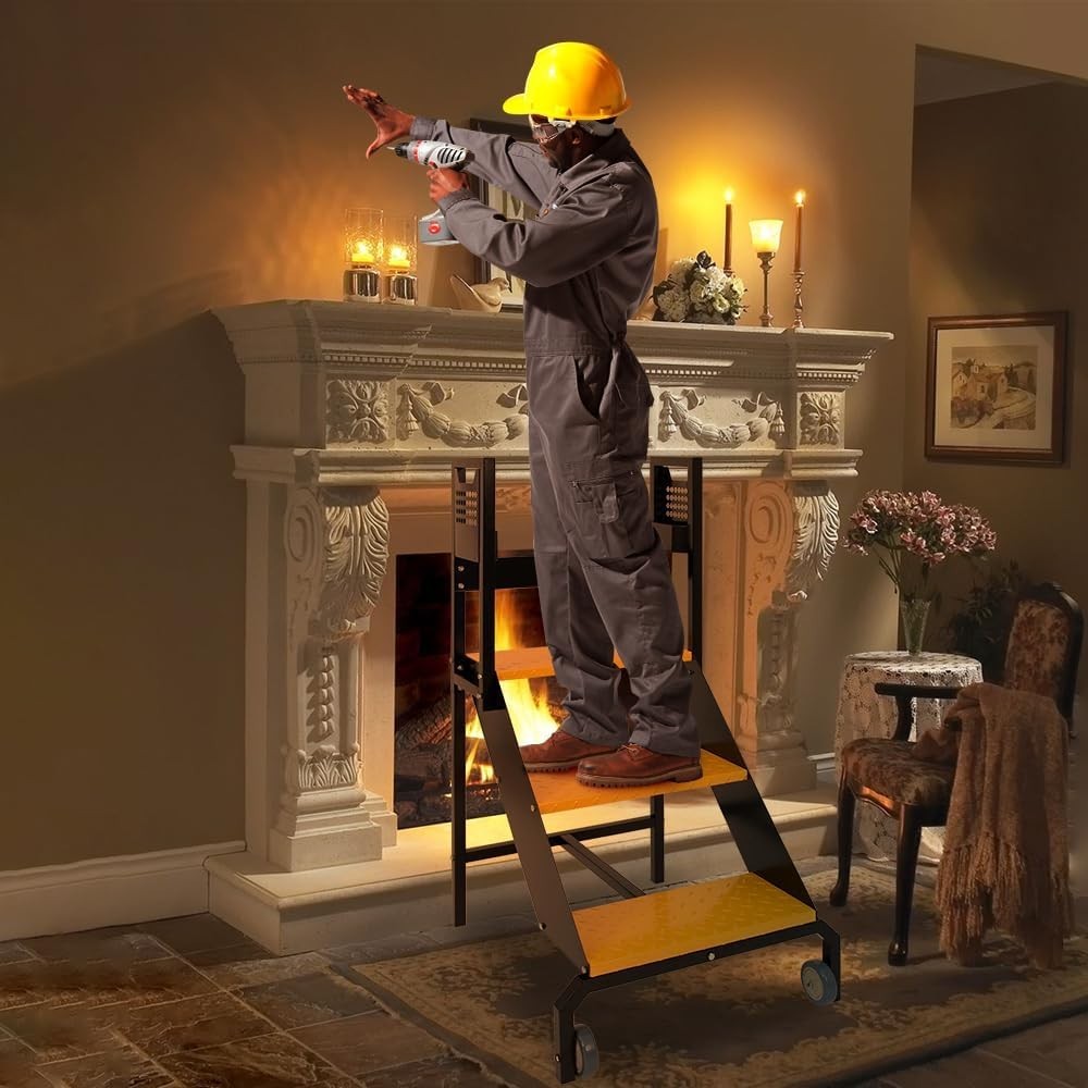 3 Step Industrial Ladder with Handrails, Warehouse Floor Standing Rolling Stairs