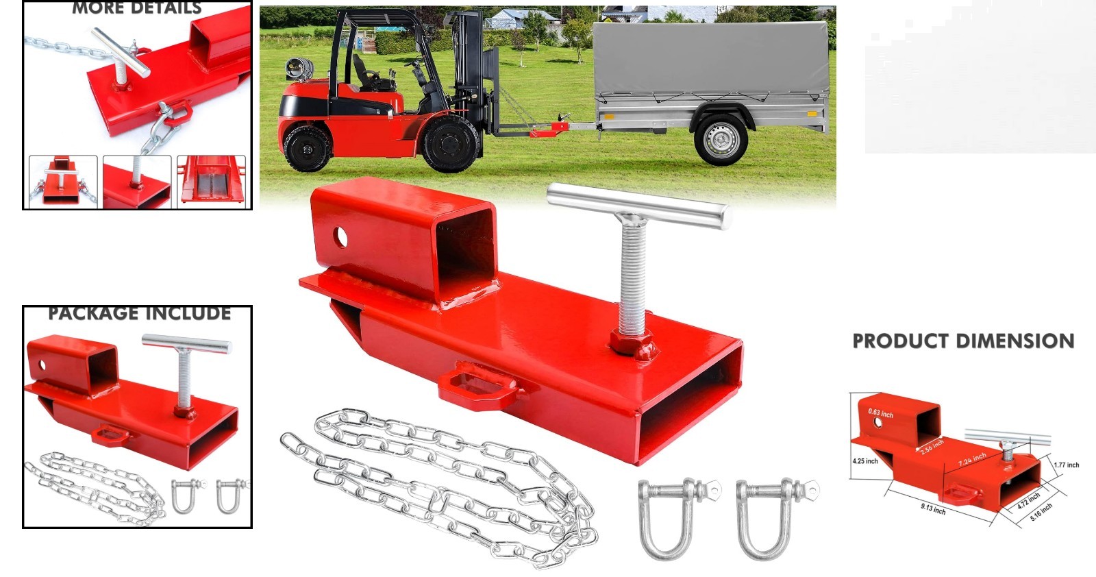 Universal 2-Inch Forklift Receiver Hitch, Quick Installation with Chain, Red