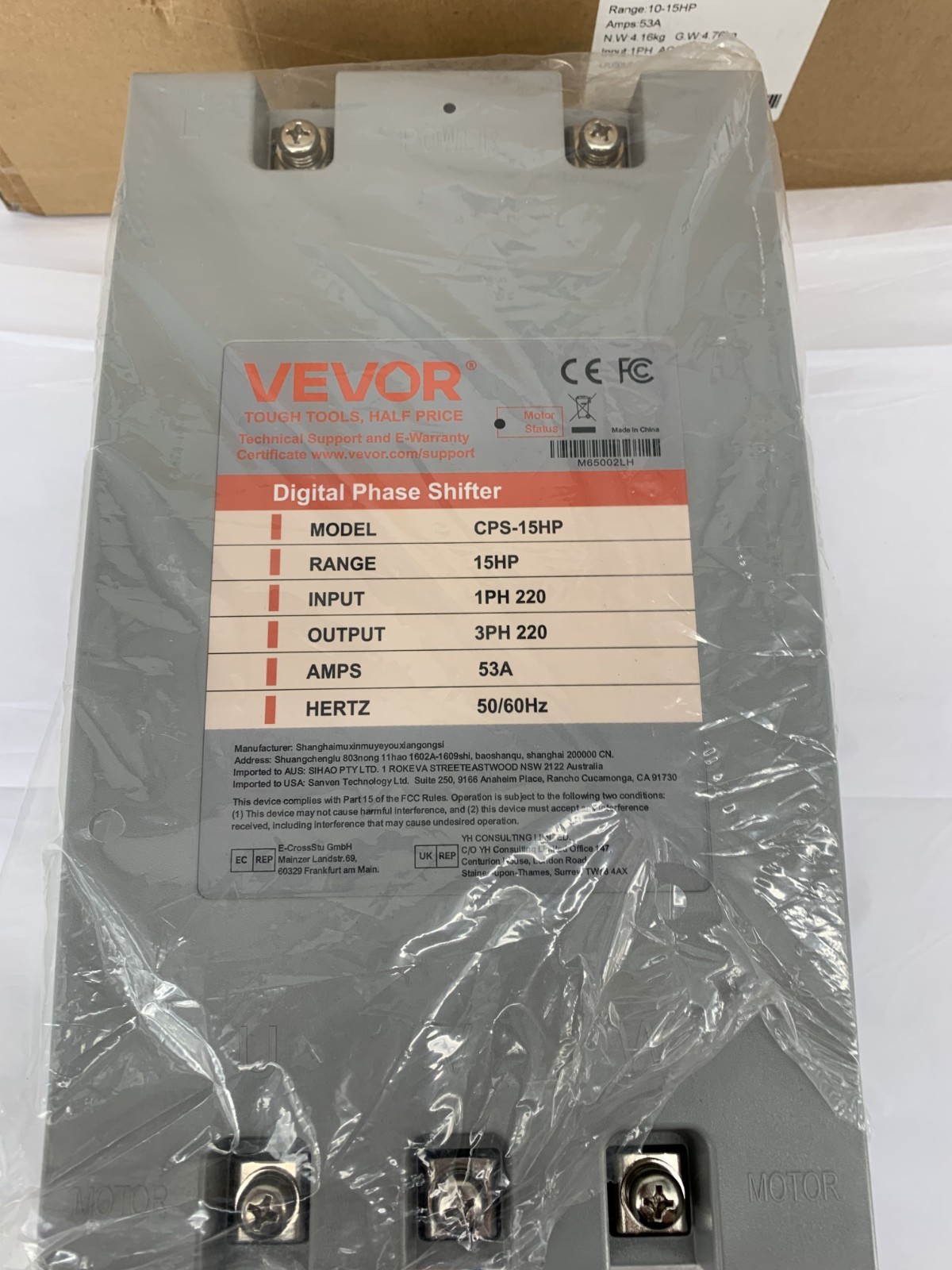Vevor CPS-15HP 3PH Digit Phase Converter Shifter 15HP 11.25kW 53A 220-240V Input