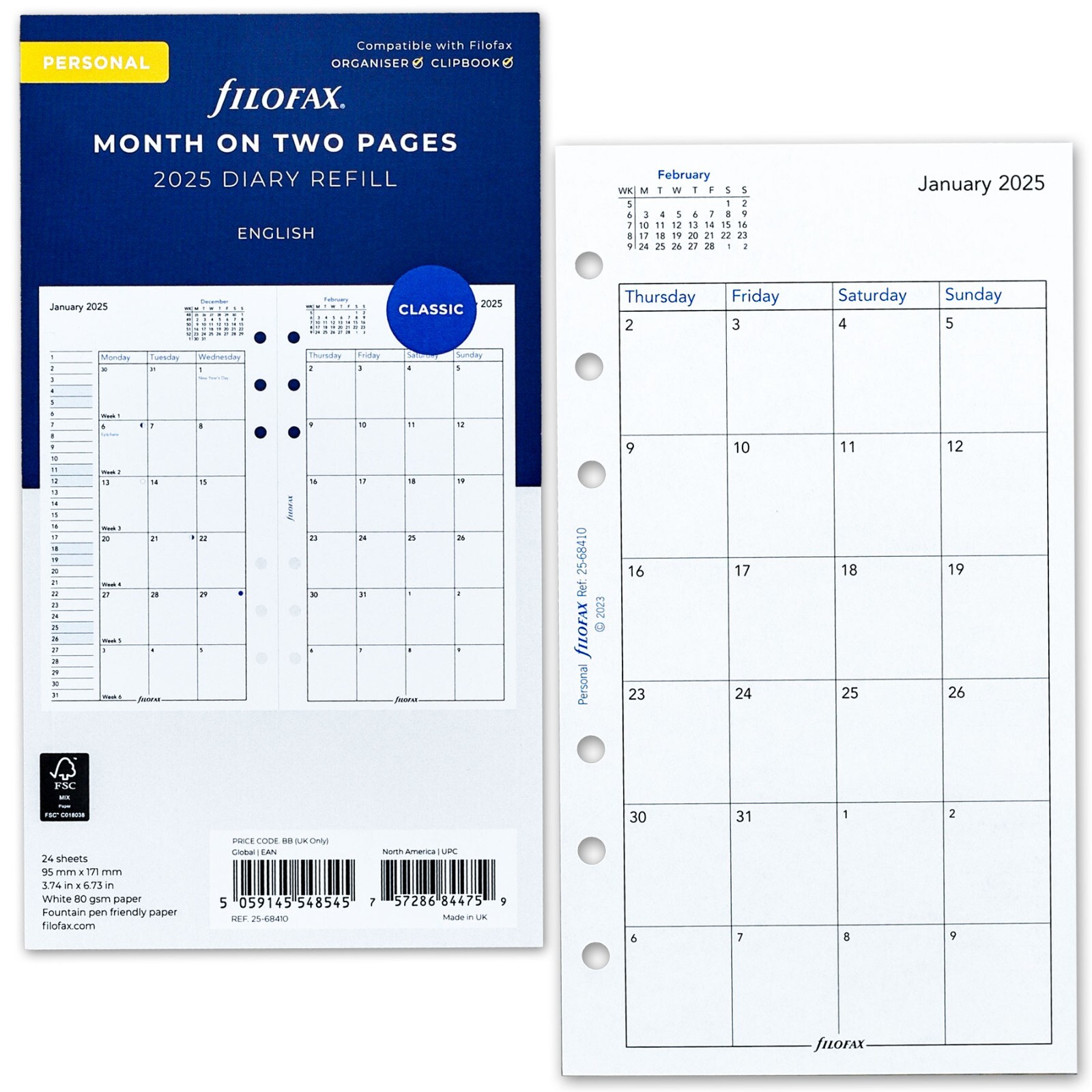 2025 Filofax Personal Size Refill 25-68410 Month on Two Pages, 95mm x 171mm