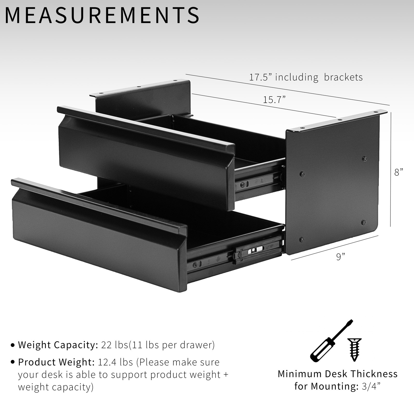 VIVO Black Dual Level 16″ Pull Out Under Desk Storage Drawer Set without Shell