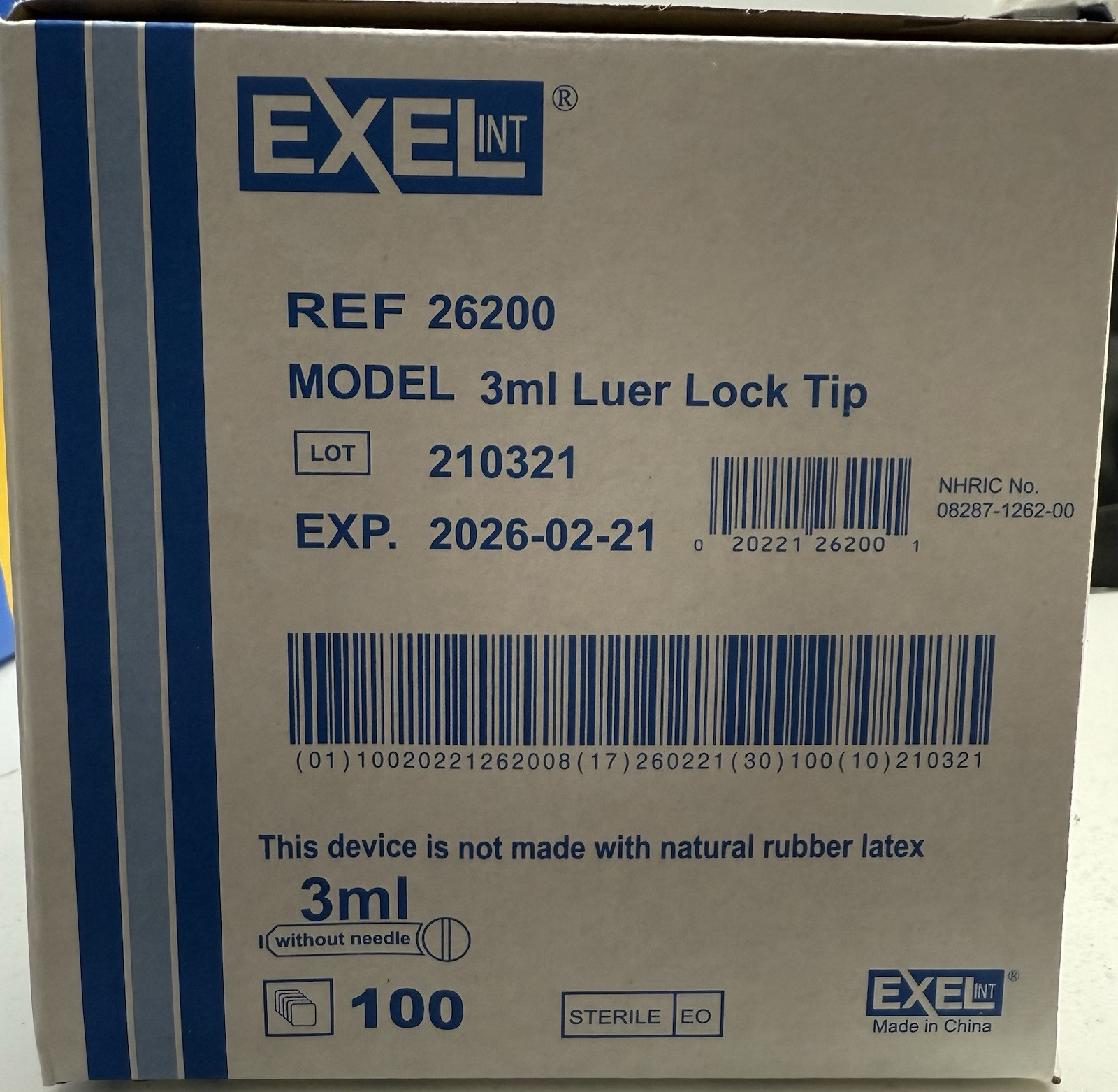 Exel 3ml (3cc) Luer Lock Syringe, 100/Box, 26200