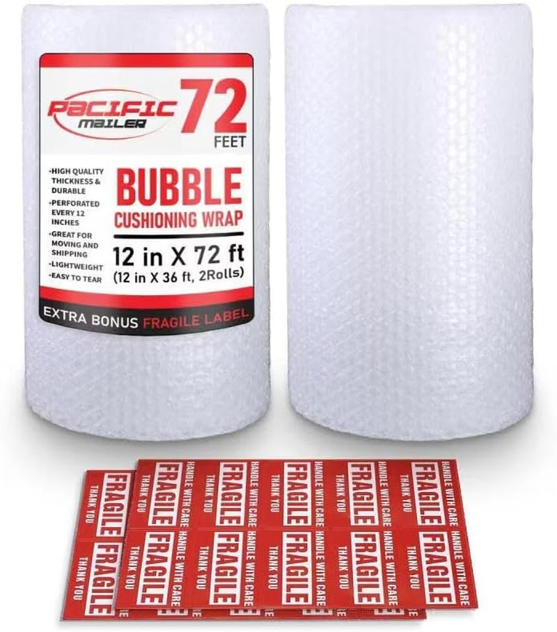 Bubble Cushioning Wrap Pacific Mailer 5/16 Inch x 12 Inch x 72Feet Total [2 Roll