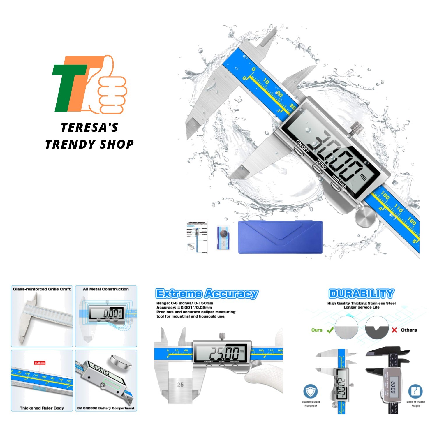 Large LCD Digital Caliper 6″ – Inch/Millimeter, Waterproof with Protective Case