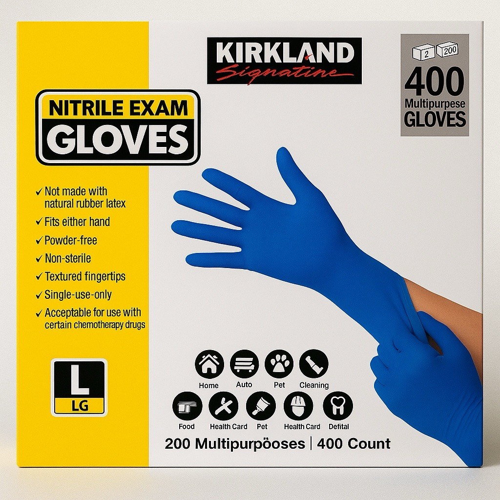 Kirkland Signature Nitrile Exam Gloves Large Powder-Free Latex-Free – 400 Count