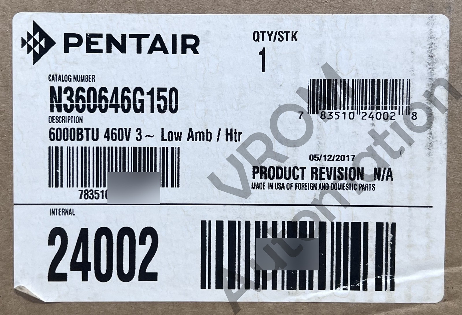 Surplus Pentair N360646G150 Industrial Enclosure Air Conditioner, 6000BTU 460V
