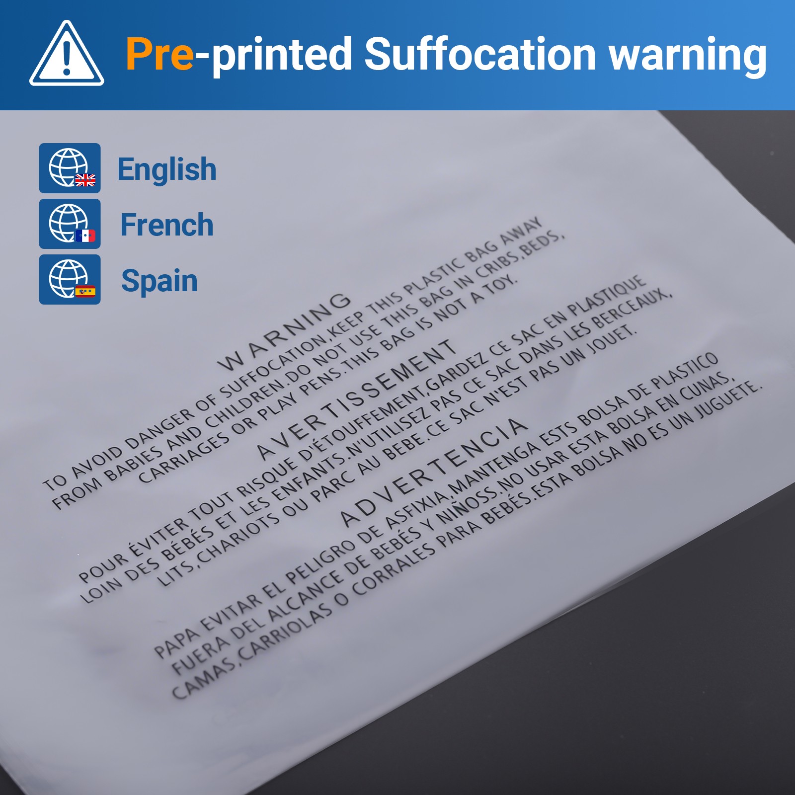 Clear Poly Bags with Suffocation Warning 6×9,8×10,9×12,11×14,12×15,14×20,18×24