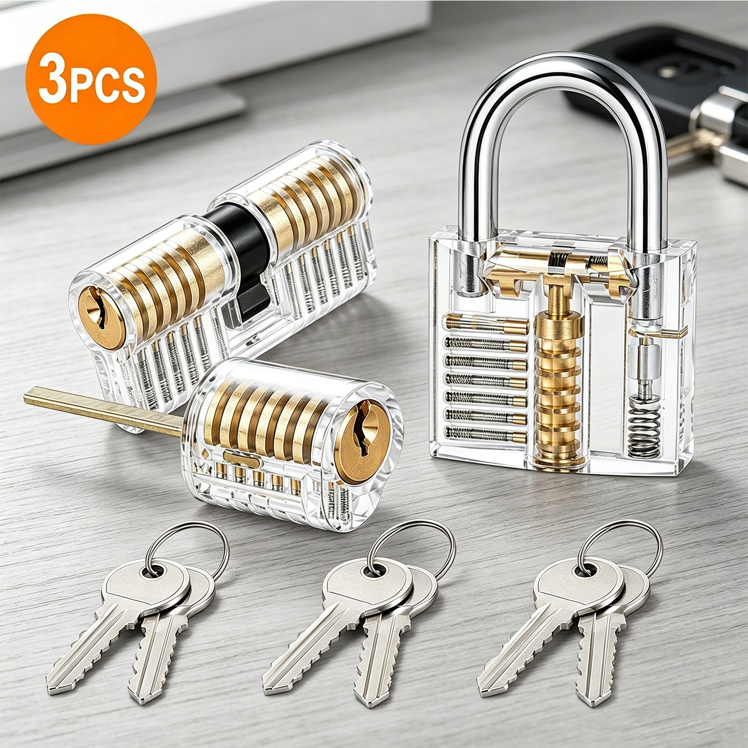 3PC Clear Acrylic Practice Lock Transparent Cutaway Pin Tumbler Training Set