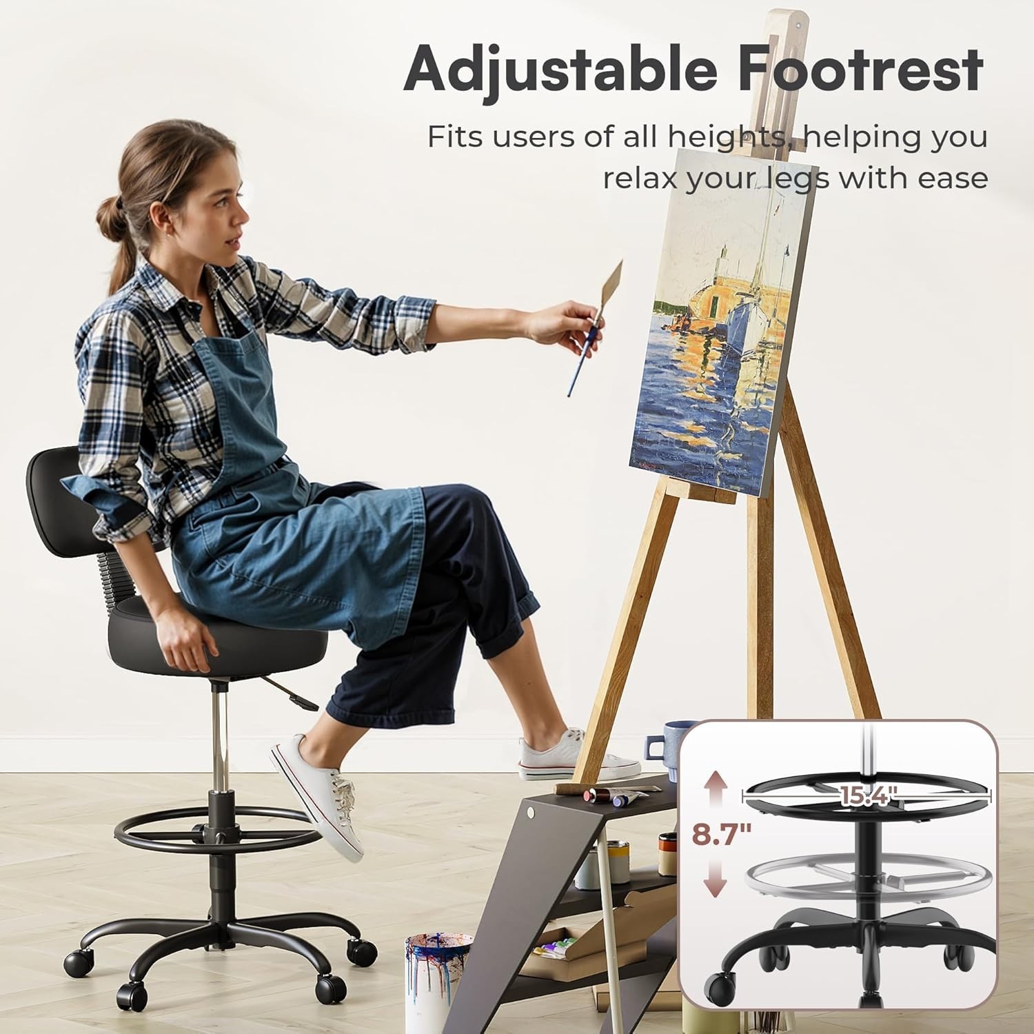 Drafting Stool with Backrest, Adjustable Footrest & High-density Cushion