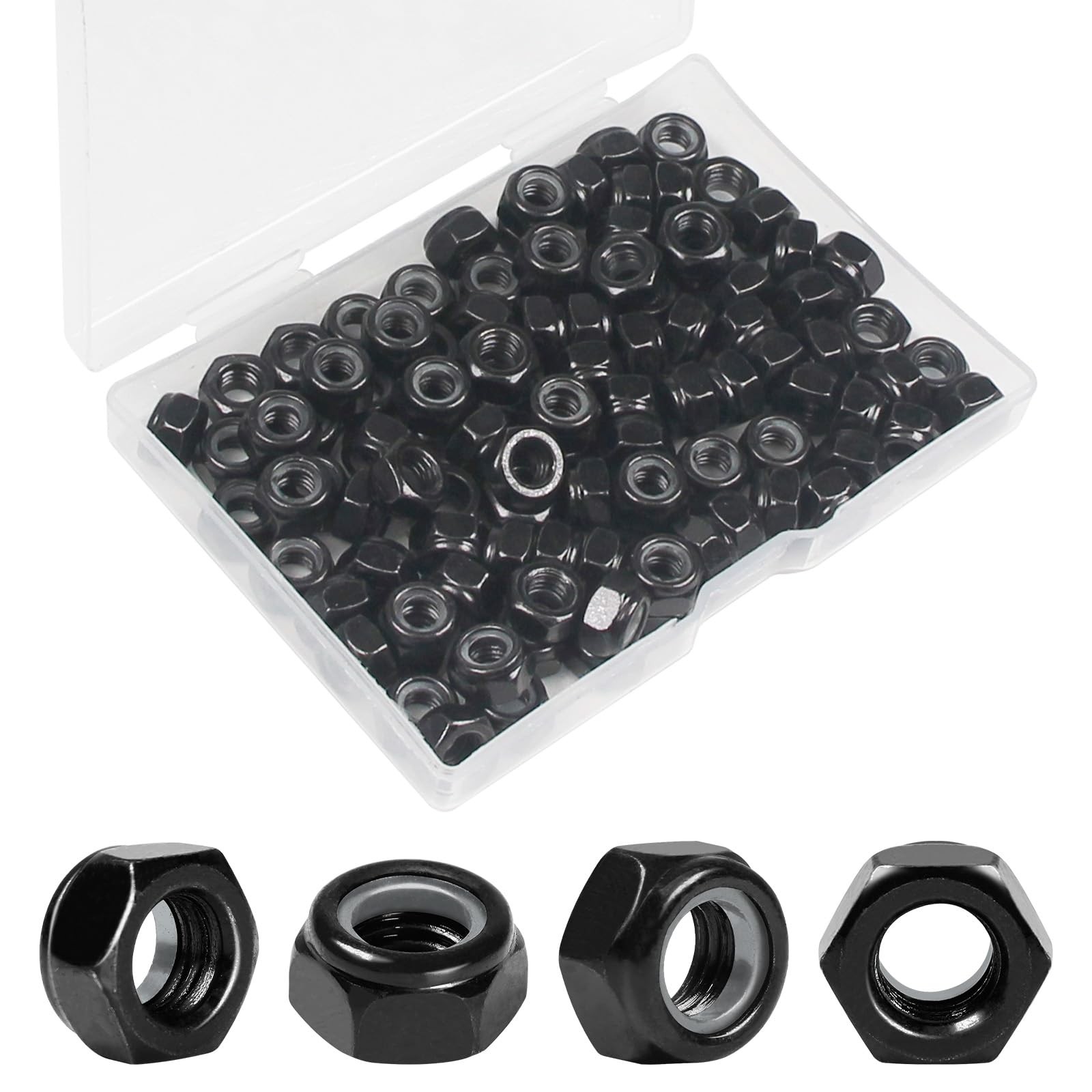 100 Pcs M6 x 1.0 mm Nylon Insert Hex Lock Nuts Black Zinc-Plated Self-Locking F