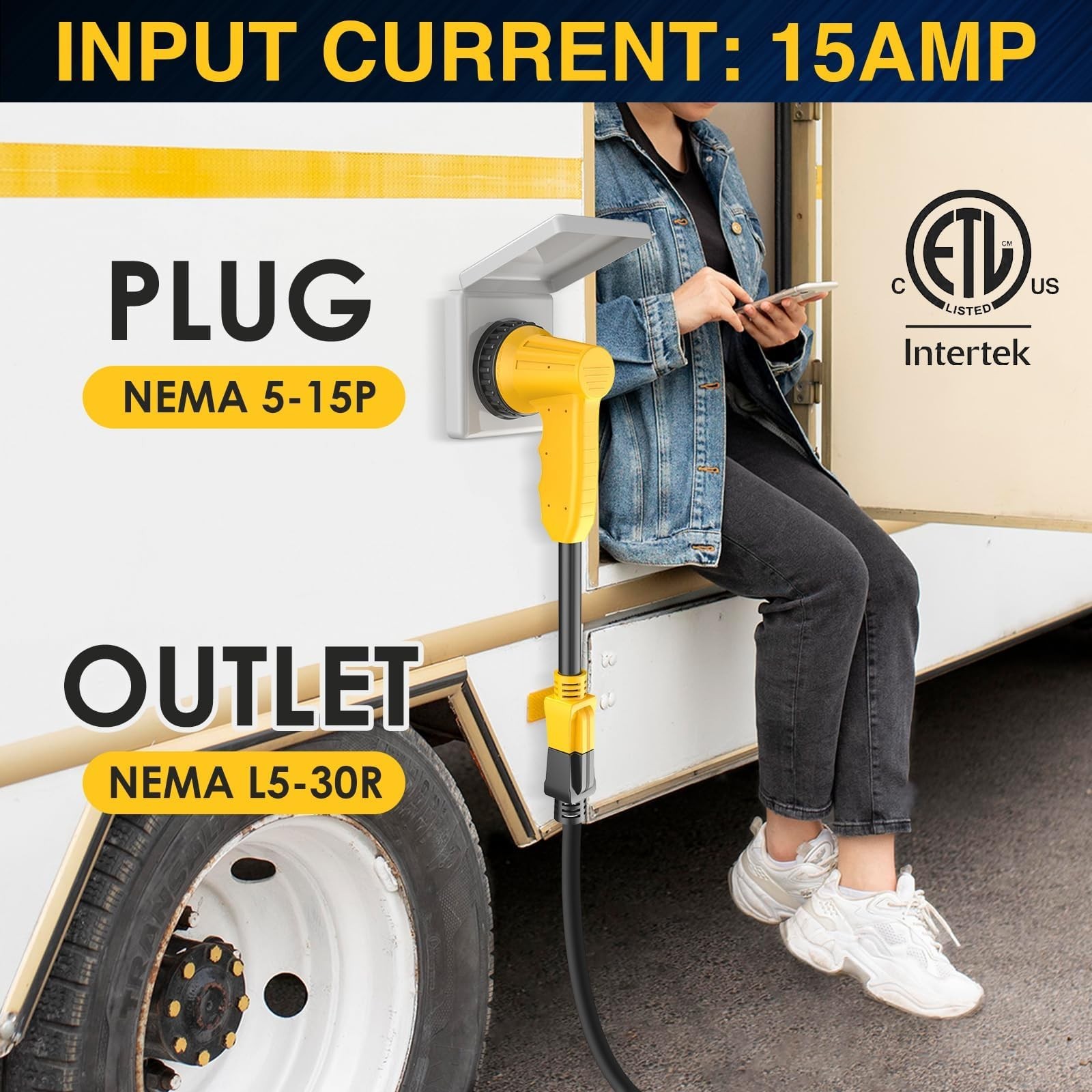 15 Amp to 30 Amp RV Adapter Cord (12 Inch), NEMA 5-15P to L5-30R Twist Lock D…