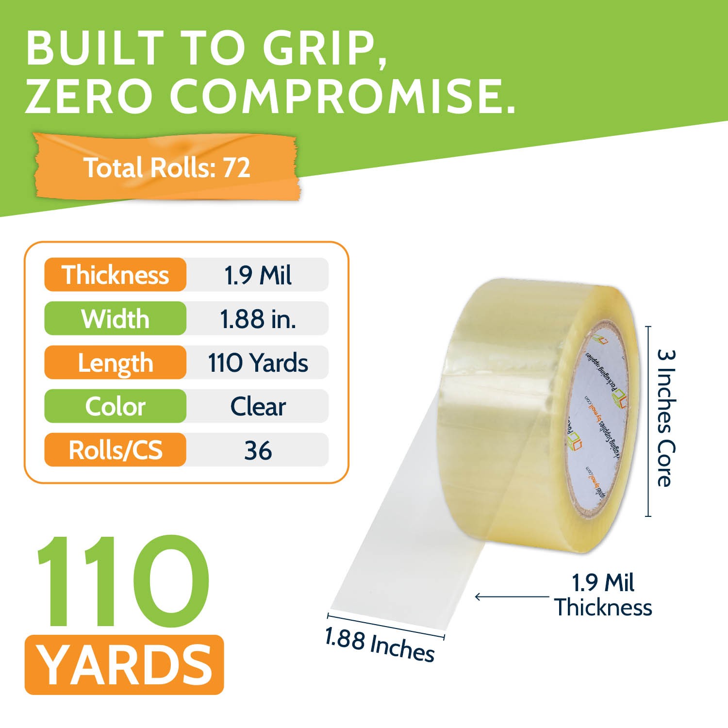 72 Rolls Carton Sealing Packaging Packing Tape 2″ x 110 Yards (330 ft) 1.9 Mil