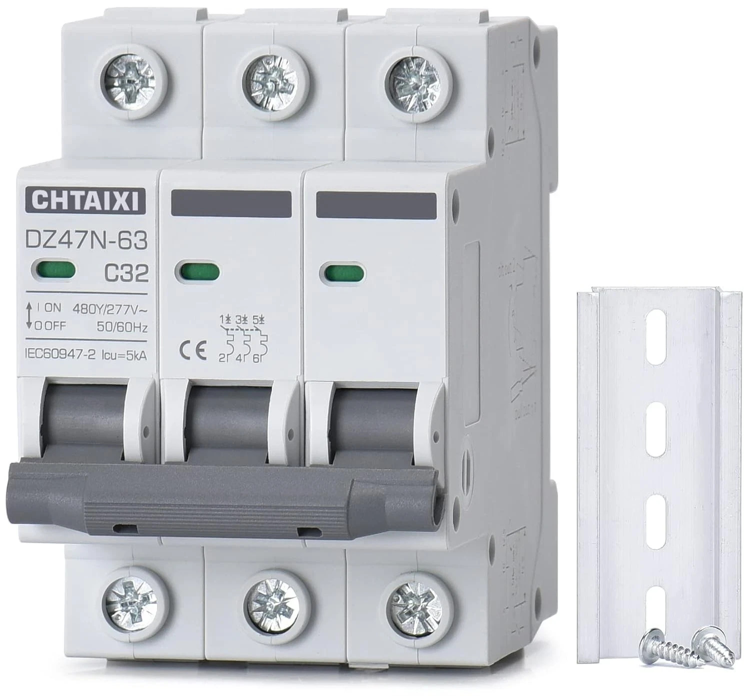 3 Pole DIN Rail Mount Circuit Breaker, 32 Amp 480V AC Miniature Circuit Breaker,