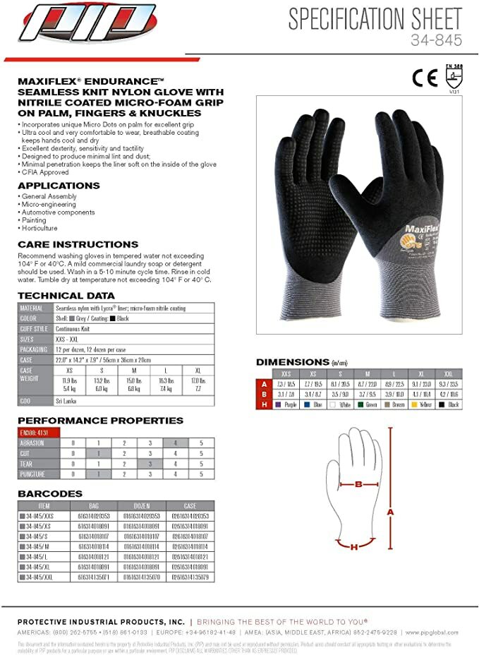 6- PIP 34-845 MaxiFlex Coated Dotted Palms Nitrile Grip PROTECTIVE WORK GLOVES