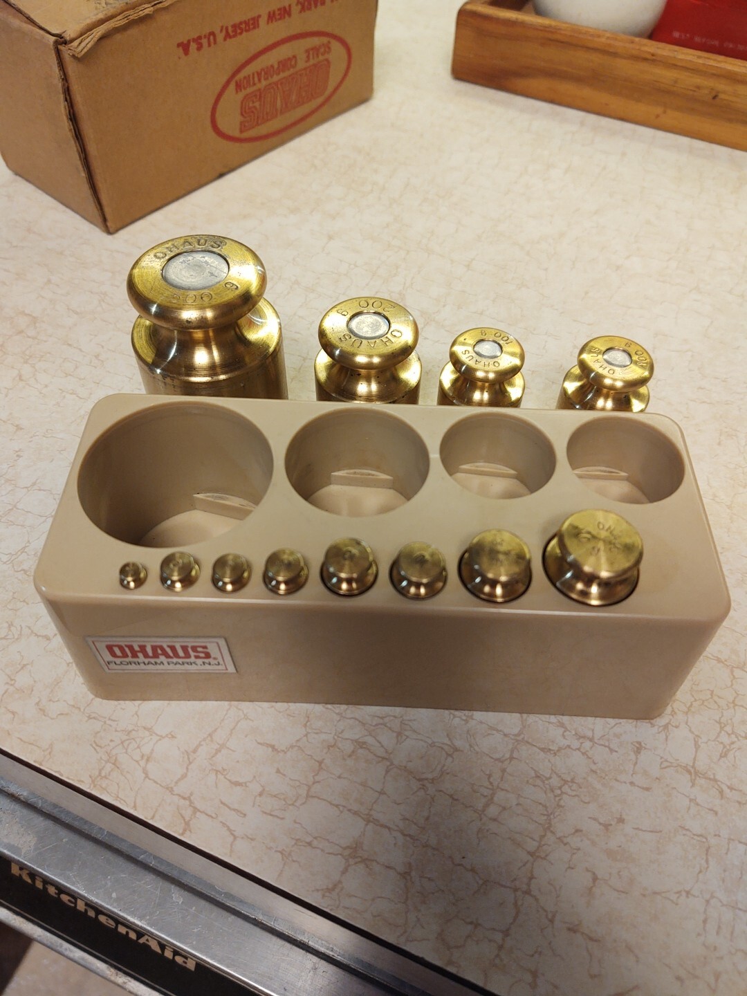 Vintage 12 Piece Ohaus Pharmaceutical Brass Calibration Weight And Plastic Case