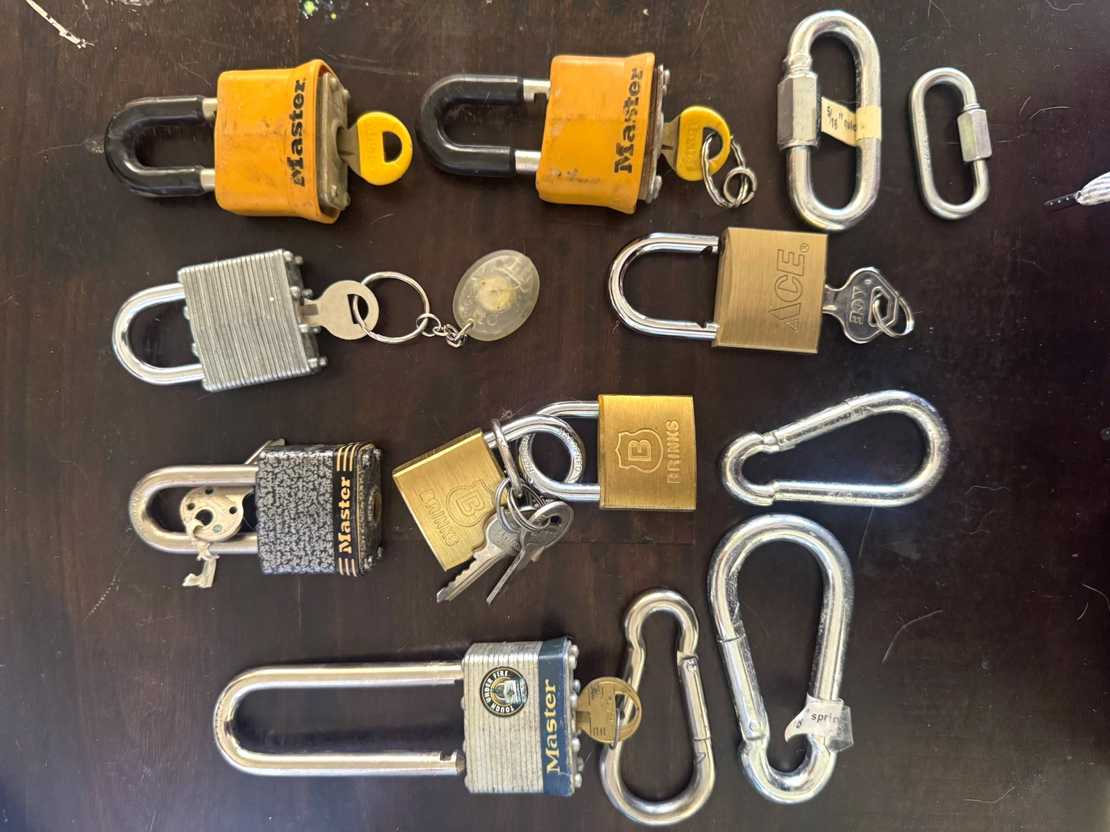 Mixed Brands Keyed Padlock Lot w/ Keys (Master, ACE, Brinks) + Carabiners