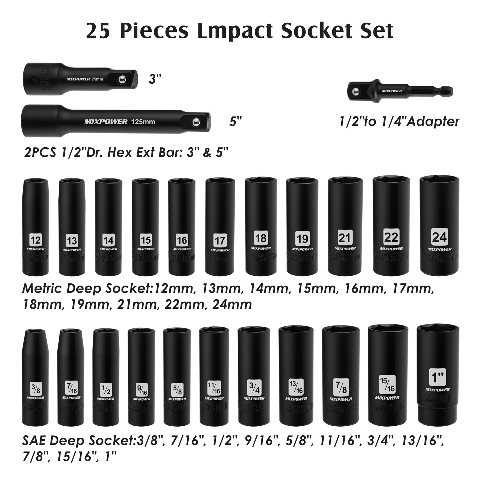 25 Pieces 1/2-Inch Drive Deep Impact Socket Set, CR-V, Metric/SAE, Includes 1…