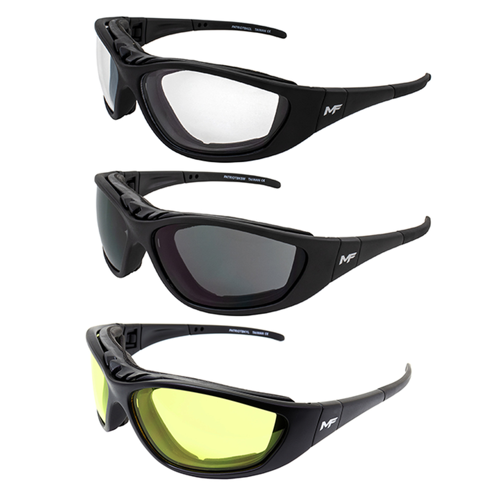 3 Pairs of MF Eyewear Patriot Padded Motorcycle Riding Safety Sunglasses Black