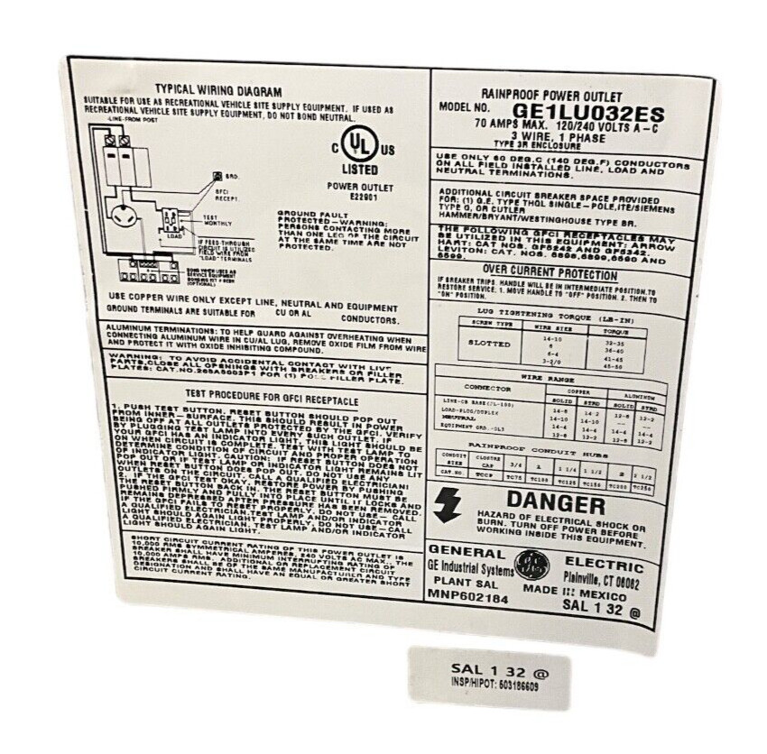 GE Rainproof Power Outlet GE1LU032ES 70A 120/240 VOLTS