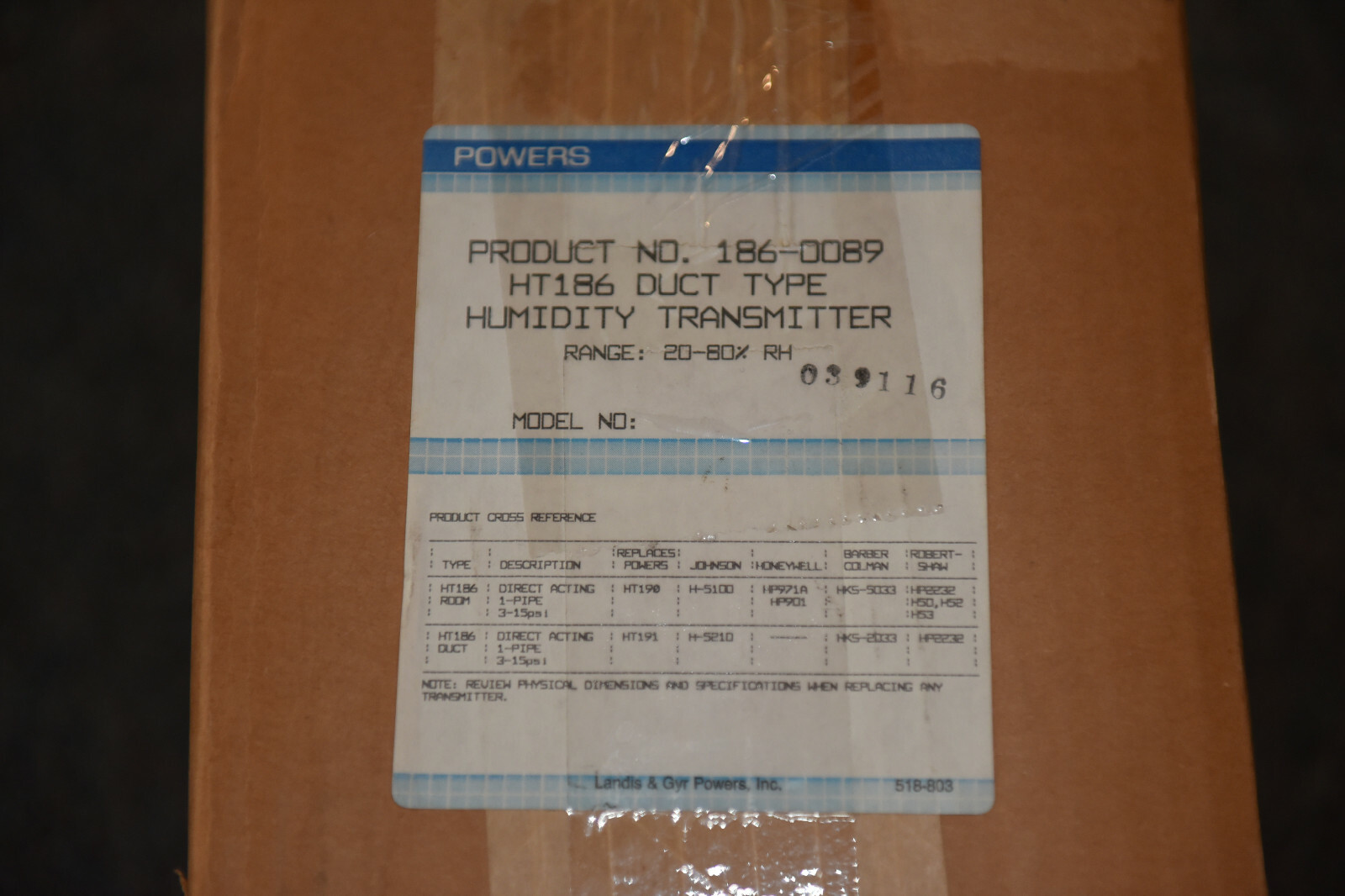 Powers 186-0089 HT186 Duct Type Humidity Transmitter 20%-80% RH – NOS