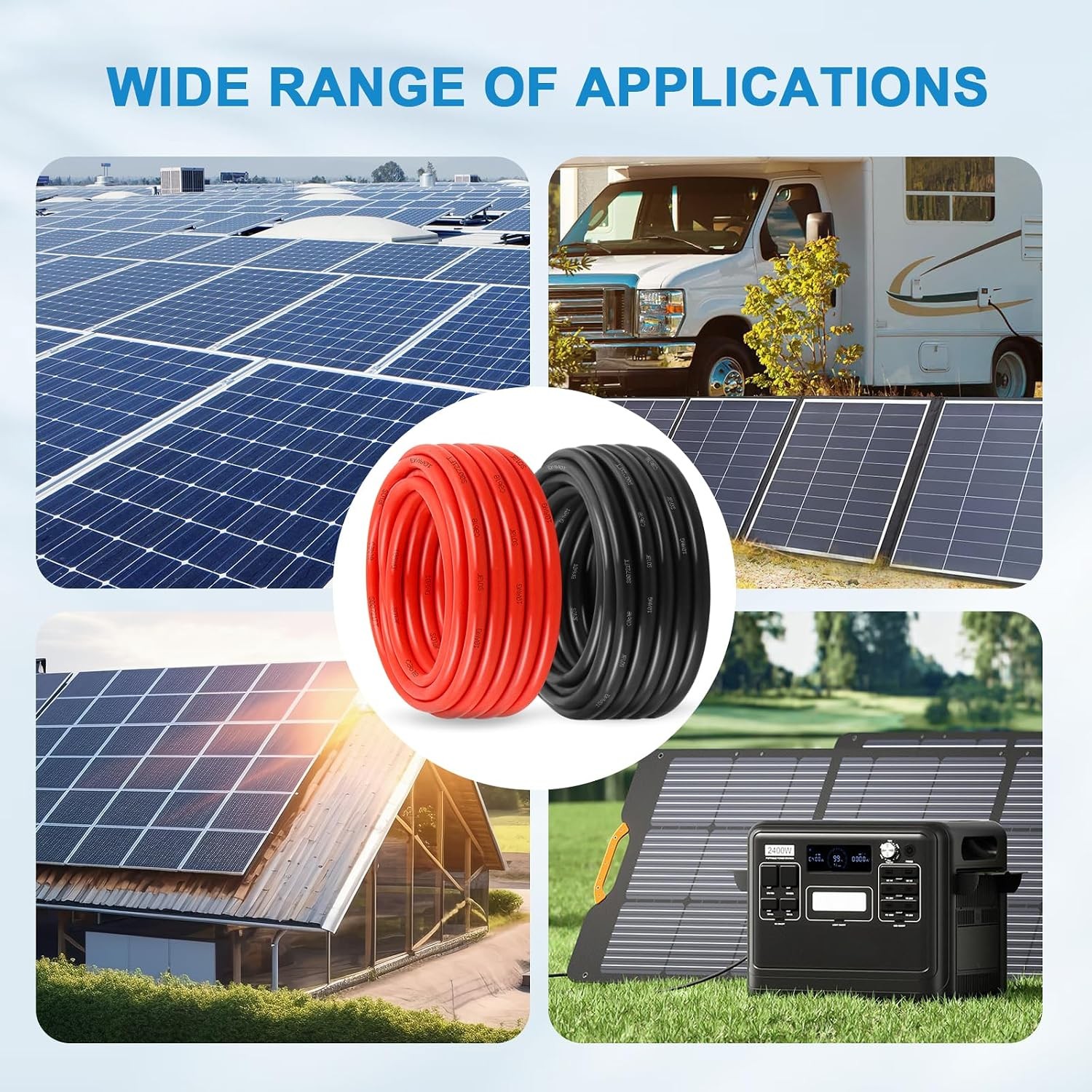 Solar Panel Wire 10 AWG(6mm²) – Solar Extension Cable 100Ft Black & 100Ft Red 10