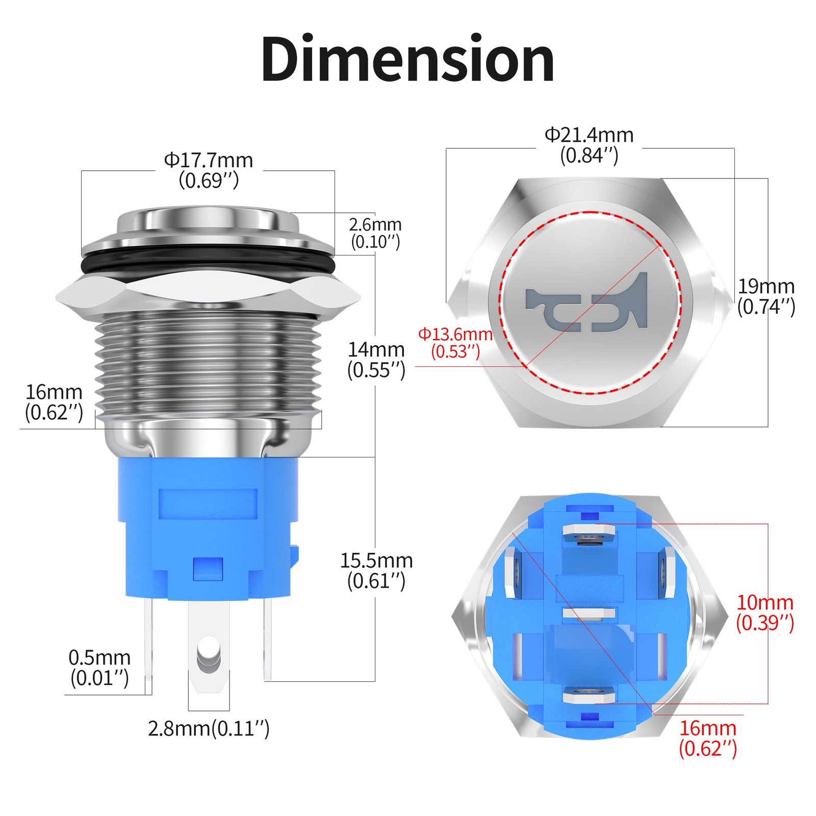 16MM Horn Switch Red LED Marine Button 12V