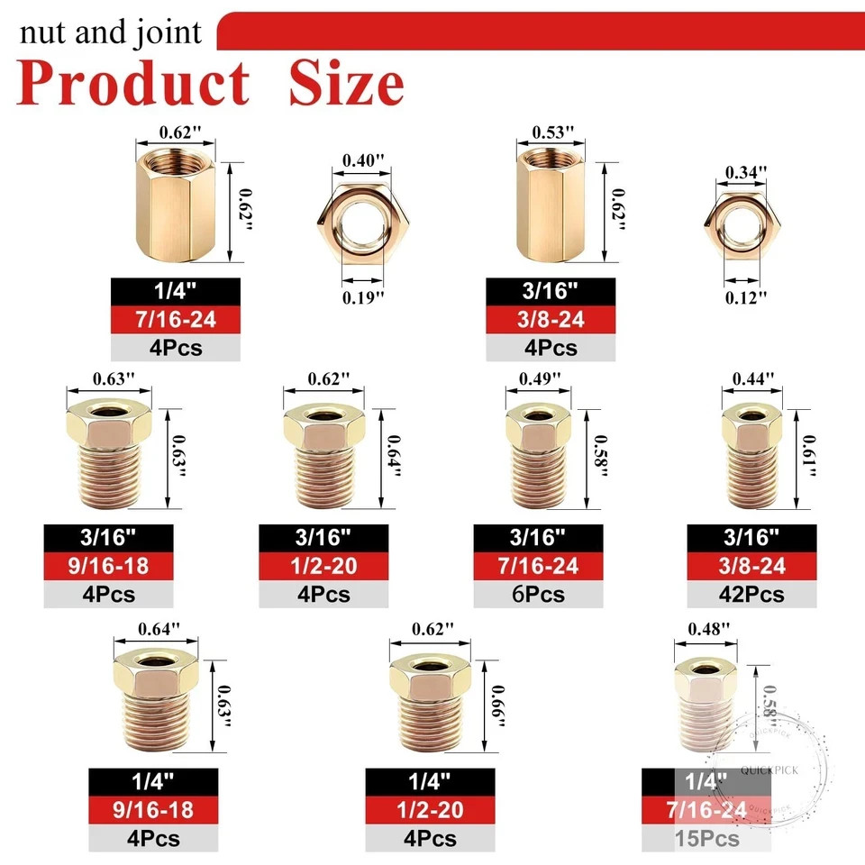3/16″ & 1/4″ Brake Line Fittings Assortment Kit,3/8 Inch-24 Threads Nuts and Uni