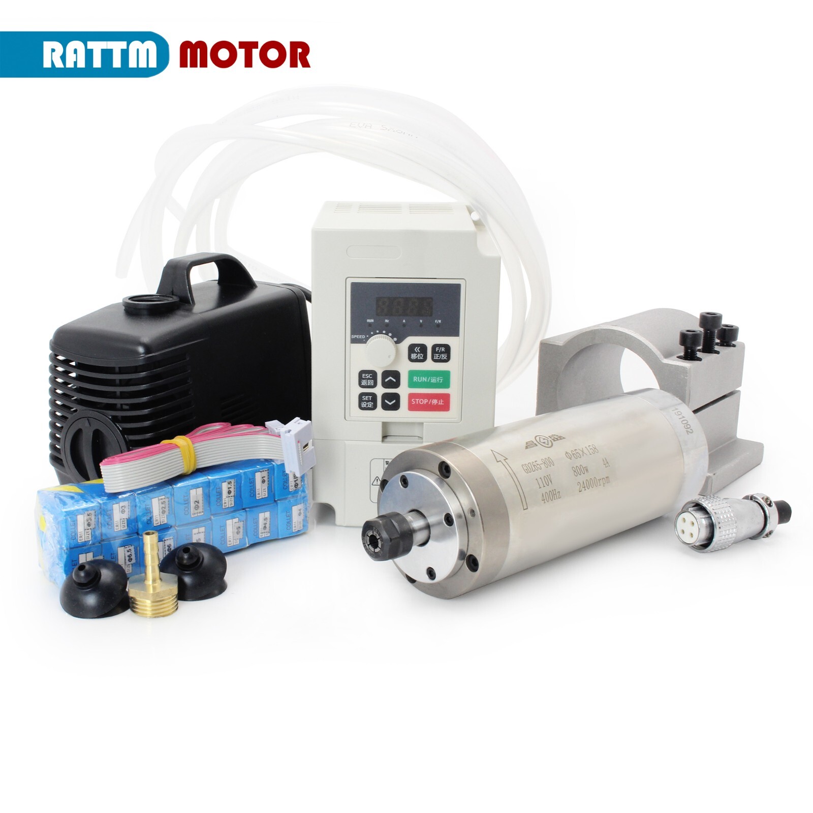 US SHIP】0.8KW 110V Water Cooled Spindle Motor+1.5KW VFD Drive+65mm Spindle Mount