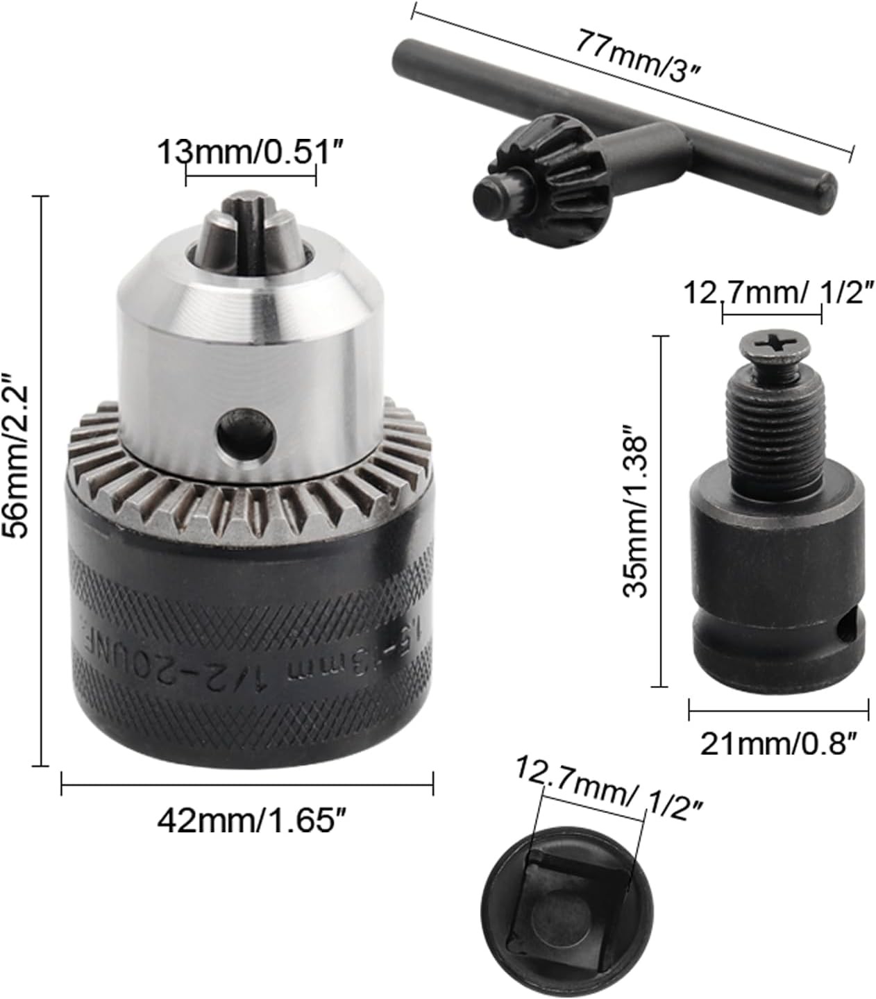 1/2-20UNF Mount 1.5-13Mm Capacity Key Drill Chuck for Air Impact Wrench Converte
