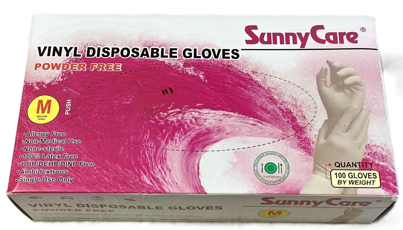 SunnyCare Vinyl Disposable Gloves, Powder Free, Allergy Free, Size Medium