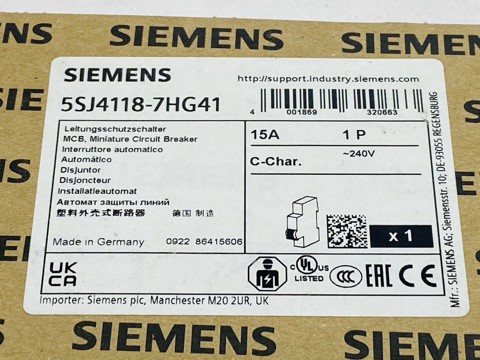 Siemens 5SJ4118-7HG41 Miniature Circuit Breaker 1-Pole 15A 240V