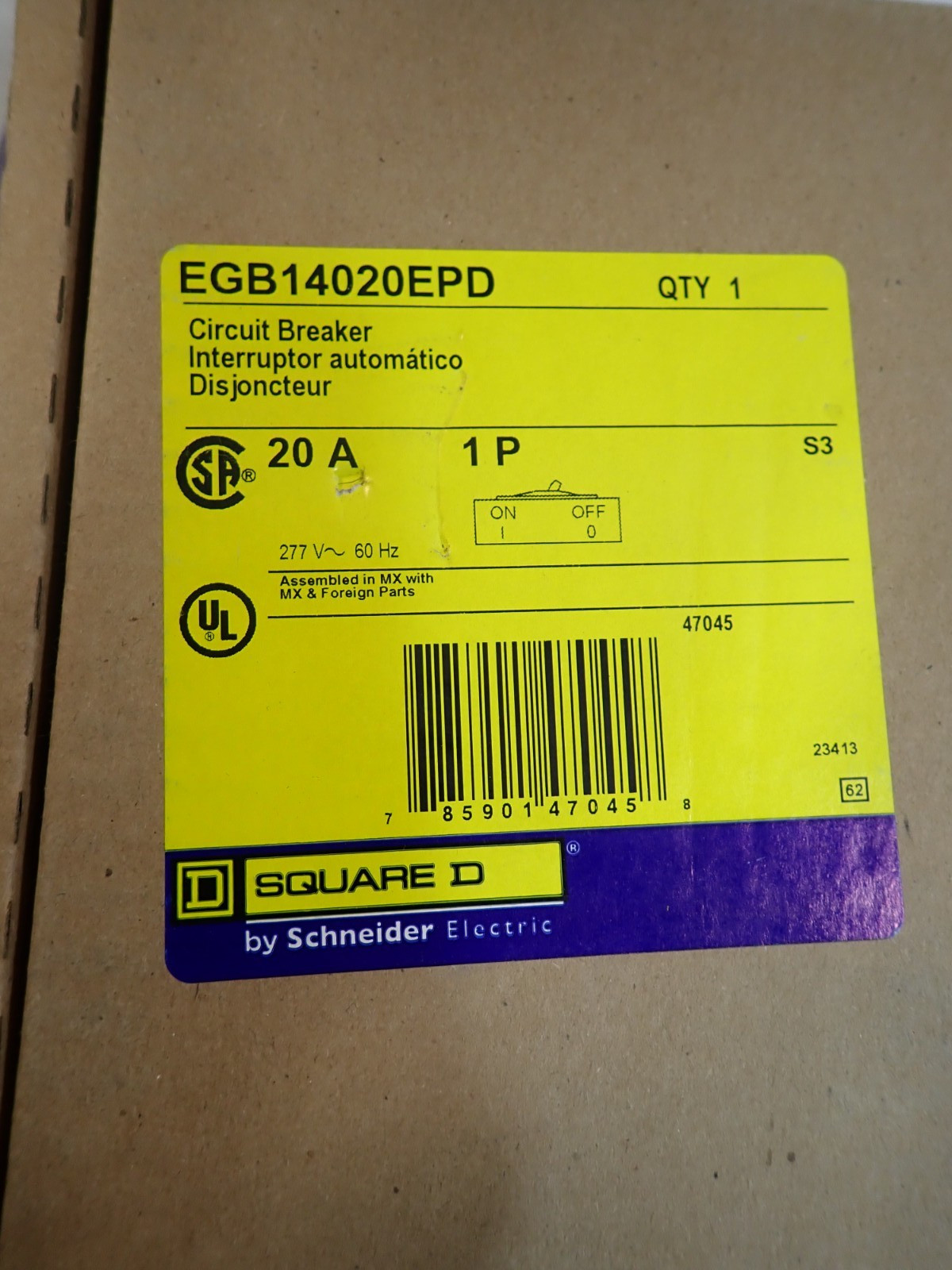 NEW – Square D Circuit Breaker EGB14020EPD 1P 20A 35kA @ 277VAC EPD GFI 30mA