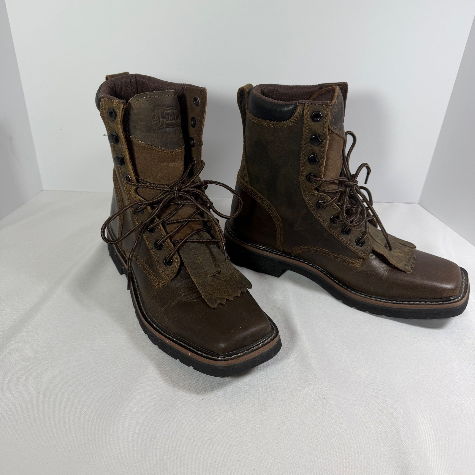 Justin Mens SE681 Stampede Brown Leather Square Toe Lace Up Work Boots 8 D EH